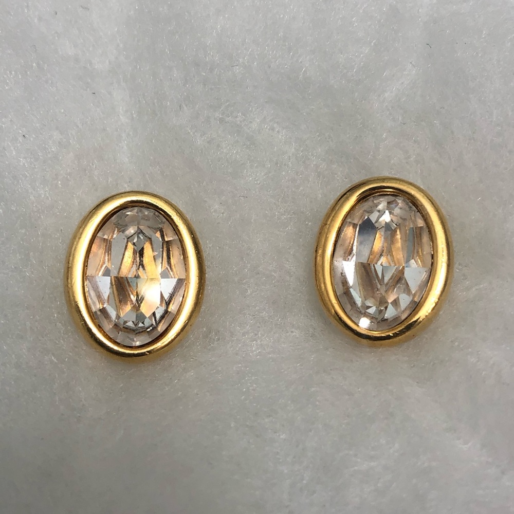Vintage S.A.L Signed Swarovski Gold Clear Crystal Post Earrings Oval